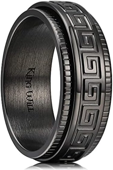 King Will 8mm Black Spinner Stainless Steel Ring Fidget Ring Anxiety Ring for Men Greek Key Pattern.