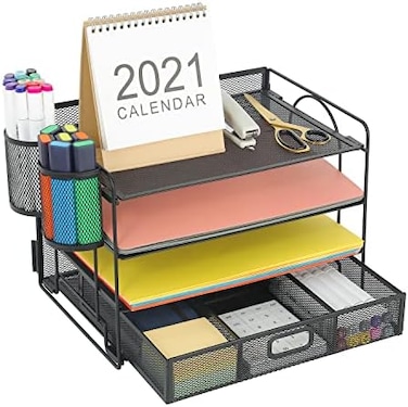 Marbrasse 4-Trays Desktop File Organizer with Pen HolderPaper Letter Tray with Drawer and 2 Pen HolderMesh Office Supplies Desk Organizer for Home Office (Black.