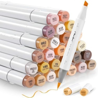 Ohuhu 36 Skin-Tone Colors Alcohol Markers, BrushChisel, Sketch Art Marker, Alcohol-Based Brush Markers For Kids And Adults' Coloring, Illustration, Comes W/ 1 Colorless Alcohol Marker Blender.
