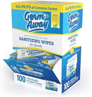 Germ-Away Large Antibacterial Hand Wipes Individually Wrapped Wipes, Travel Size Hand Sanitzer Wipes with Aloe in Dispenser Box, 100 ct Lemon Scent (100 wipes(Pack of 1.