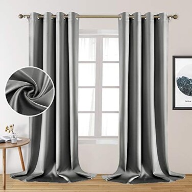 HOMEIDEAS 2 Panels Silver Grey Faux Silk Blackout Curtains, 52 X 108 Inch Room Darkening Satin Thermal Insulated Window Drapes for Bedroom, Indoor, Nursery.