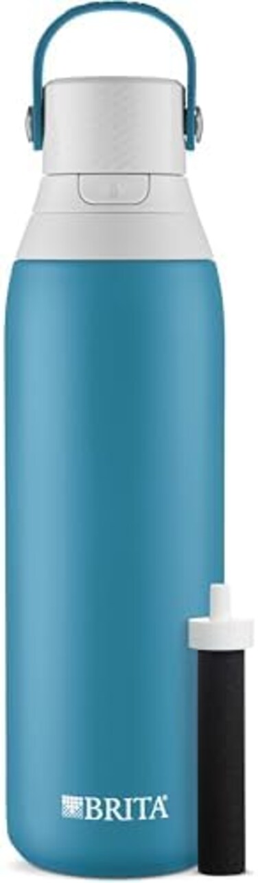 Brita Insulated Filtered Water Bottle with Straw, Reusable, Stainless Steel Metal, Blue Jay, 20 Ounce.