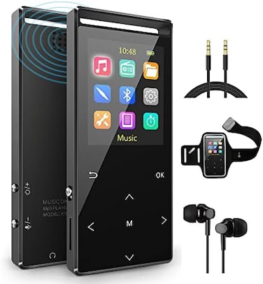 مشغل MP3 من MUSRUN مزود بتقنية بلوتوث، وحزام ذراع رياضي، وذاكرة 64 جيجابايت، ونظام صوت عالي الدقة، ومنفذ AUX للتسجيل، ومؤقت للنوم، وراديو FM، وإمكانية تسجيل الراديو عبر FM، وعمر بطارية طويل، وهيكل معد