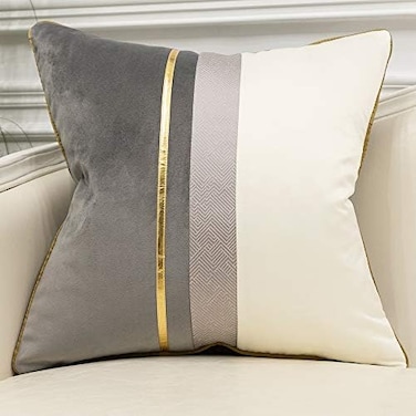 Avigers 20 x 20 Inches Gray White Gold Leather Striped Patchwork Velvet Cushion Case Luxury Modern Throw Pillow Cover Decorative Pillow for Couch Living Room Bedroom Car.