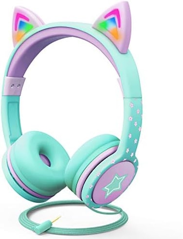 FosPower Kids Headphones with LED Cat Ears, 3. 5mm On-Ear Wired Headset with Laced Cables for iPad/Smartphones/PC/Kindle/Tablet/Laptop/School (Max Volume 85dB- Teal/Light Purple.