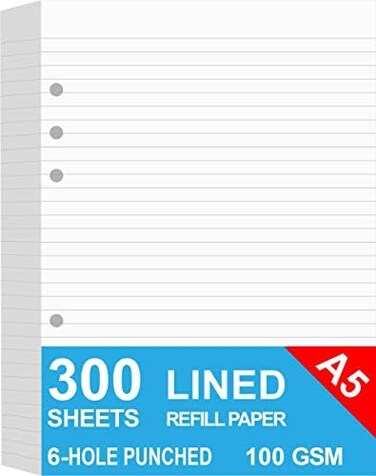 Nokingo (3-PackA5 Lined Refills Paper for Filofax Planner/Binders/Organizer, 6 Hole Punched, Total 300 Sheets/600 Pages, 100gsm, White, 5. 8 x 8. 2 Inch.