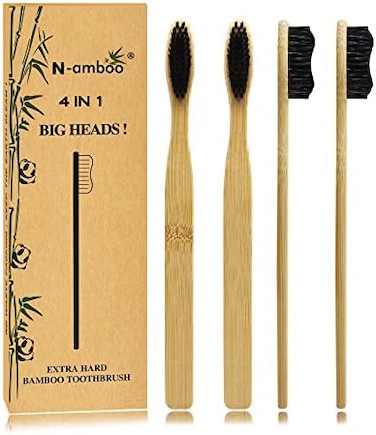 N-amboo Super Hard Toothbrush Bamboo Toothbrush Large Brush Head Manual Toothbrsuh Hard Bristles Pack of 4.
