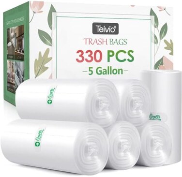 Teivio 5 Gallon 330 Counts Strong Trash Bags, Garbage Bags, Bathroom Trash Can Bin Liners, Plastic Bags for home office kitchen, Clear.