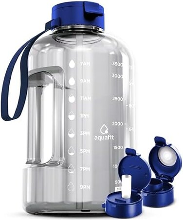 AQUAFIT 1 Gallon Water Bottle With StrawTimes To Drink - 128 oz - Motivational - Large - Sports Gym Water Jug With Time Marker.