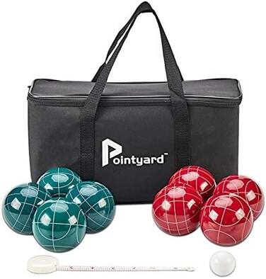 Pointyard Bocce Ball Set, 90mm Classic Bocci Ball Set with 8 Resin Bocce Balls/1 Pallino/Nylon Zippered Bag/Measuring Tape - Outdoor Family Games for Backyard/Lawn/Beach (RedGreen.