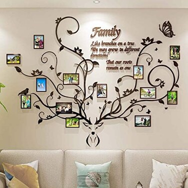 ديكور حائط شجرة العائلة من DecorSmart، مصنوع من قرون الوعل، مناسب لغرفة المعيشة، عبارة عن إطار صور ثلاثي الأبعاد قابل للإزالة، ملصقات أكريليك يمكنك صنعها بنفسك مع رأس غزال وعبارة "عائلة مثل الفروع على