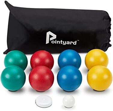 Pointyard 84mm Bocce Ball Set, Outdoor Games for Adults and Family, Backyard Ball Set with 8 PE Bocce Balls1 PallinoCarry BagMeasuring Tape for Kids Teens Beginners.