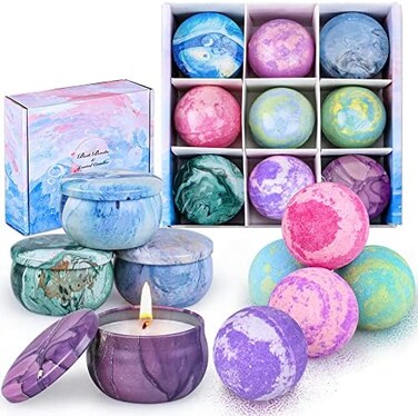 OFUN Bath Bombs Gift Set for Women4X 2. 5oz Scented Candles with Essential Oils, 5X 3. 5oz Bubble Bath Bombs Rich in Shea Butter for Fizzy Spa to Moisturizing Skin.