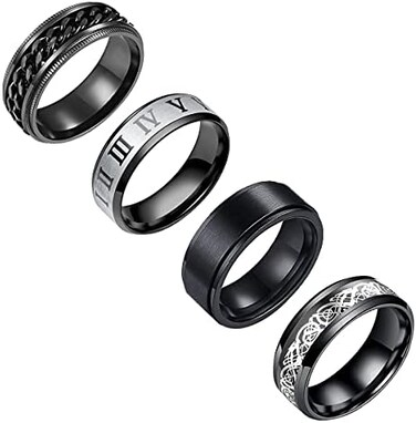 yfstyle Stainless Steel Ring Set (4pcs Band, Men's Wedding Rings, Cool Spinner Rings, Black, Silver, Gold, Blue, 8mm Width, Unisex.