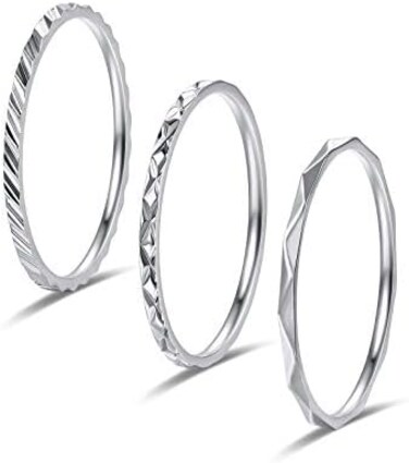 KAZITSAN 3pc 1mm Stainless Steel Ring Set for Women Girls Simple Knuckle Stacking Thumb Rings Faceted Edge Silver/Rose Gold/Gold Wedding Band Comfort Fit.