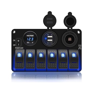 FXC Waterproof Marine Boat Rocker Switch Panel 6 Gang with 3. 1A Dual USB Slot SocketCigarette LighterLED Voltmeter with Power-Save for Car Rv Vehicles Truck (6 Gang Blue LED(6 Blue.