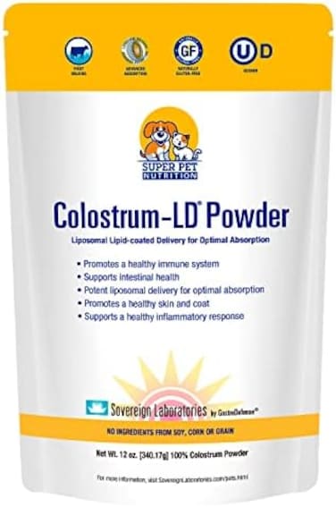 Colostrum-LD تغذية فائقة للحيوانات الأليفة معتمدة من قبل الأطباء البيطريين - للكلاب والقطط - لبأ بقري ليبوزومي، غني بالغلوبولينات المناعية (25٪)، دعم الجهاز المناعي والهضمي، الحساسية (12 أونصة).