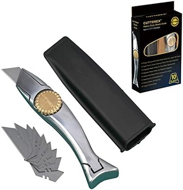 CUTTEREX Heavy Duty Shark Utility Knife with 10 Blades, Vinyl, Roofing, Carpet, Drywall and Roofing materials, Black Plastic Handle.
