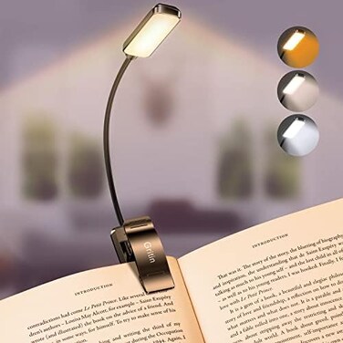 مصباح قراءة Gritin 9 LED بمشبك، 3 أوضاع لحماية العين، مصباح قراءة مرن (أبيض دافئ بارد - تعتيم متدرج، قابل لإعادة الشحن، عمر بطارية طويل، مؤشر طاقة من 4 مستويات).