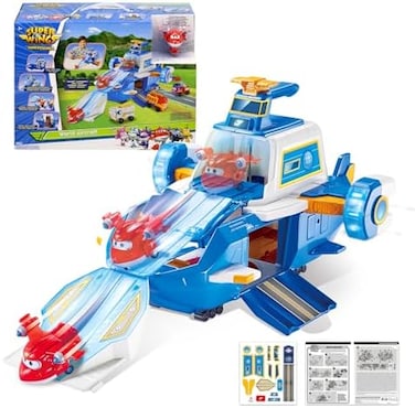 Super Wings - 2" Scale World Aircraft Large Playset with 2'' Supercharge JettAir Moving BaseAirplane Toys Mini FigurePreschool Toy Plane Set for 3 4 5 year old Boys GirlsBirthday Gift Blue.