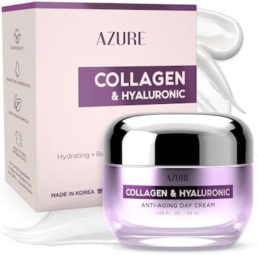 Azure Cosmetics CollagenHyaluronic Anti Aging Day Cream - Hydrating, RenewingToningReduces Wrinkles, CreasesFine LinesLocks in Moisture Revitalizing SkinMade in Korea - 50mL.
