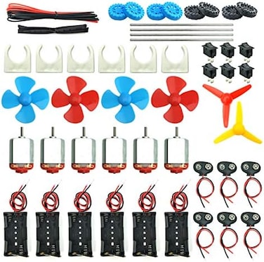 EUDAX 6 Set DC Motors Kit, Mini Electric Hobby Motor 3V -12V 25000 RPM Strong Magnetic with Shaft Propeller, 2 x AA Battery Holder,9V Battery Clip Connector,Plastic Wheels for DIY Science Projects.