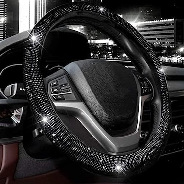 Valleycomfy Steering Wheel Cover for Women Men Bling Bling Crystal Diamond Sparkling Car SUV Wheel Protector Universal Fit 15 Inch (Black with Black Diamond, Standard Size(14" 1/2-15" 1/4.