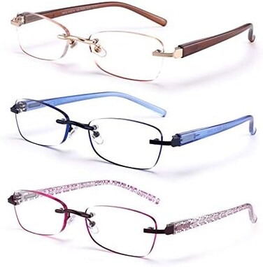 FEIVSN 3-Pack Rimless Reading Glasses For Women, Lightweight Spring Hinge Readers, Classic Elegant Artistic Eyeglasses UV 400.