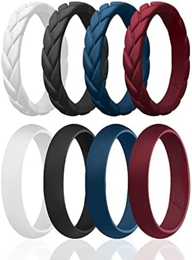 ROQ Silicone Rubber Wedding Ring for Women, Thin Stackable Braided Flame LeavesDome, Rubber Silicone Wedding Band, Anniversary Rings, Promise Ring, 4/5. 5mm Wide 2mm Thick, 8 Pack, Bordeaux, Dark.