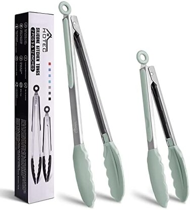 Hotec Premium Stainless Steel Locking Kitchen Tongs with Silicon Tips for Cooking and Food, Set of 2-9'' and 12'' Mint Green.