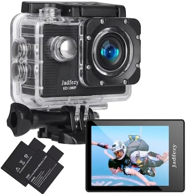 كاميرا Jadfezy Action Camera FHD 1080P 12MP، كاميرا مقاومة للماء تحت الماء 98 قدم/30 متر مع بطاريتين، كاميرا رياضية بزاوية واسعة مع مجموعة ملحقات مناسبة للخوذة والدراجة وما إلى ذلك.