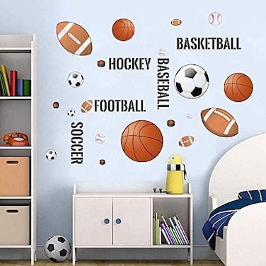 Supzone Sport Balls Wall Stickers Boys Wall Decals Basketball Soccer Baseball Football Hockey Wall Decor Boys Playroom Bedroom Classroom Living Room.