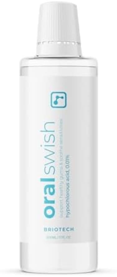 BRIOTECH Oral Swish, Hypochlorous Acid Mouthwash Rinse, Gentle Oral Care Hygiene, Fight Bad Breath, Support Against Plaque, Gum IrritationTender Gums, AlcoholFluoride Free, 16. 9 fl oz (1 Pack.