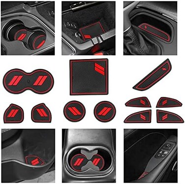 YANWEN Anti-Dust Trim Mats Fit for 2015-2020 Dodge Challenger, Custom Interior Shifter Liner for Cup Holder Insert, Door Pocket, Center Console(11pcs, Red.