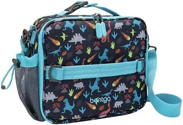 حقيبة غداء Bentgo Kids Prints - معزولة بطبقتين، متينة، مصنوعة من قماش مقاوم للماء مع جيوب داخلية وخارجية بسحاب وحامل زجاجة خارجي - مثالية للأطفال من جميع الأعمار (ديناصور).