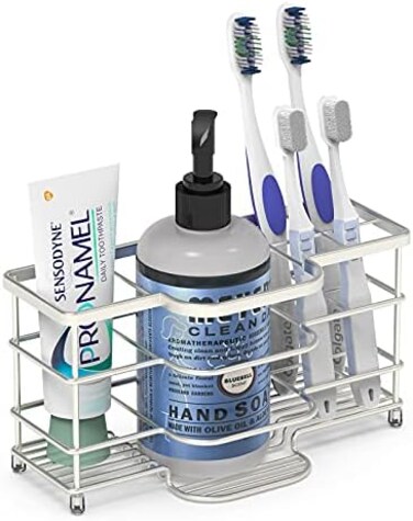 Linkidea Toothbrush Holder Chrome, Hand Soap and Toothpaste Holder Stand, 6 Slots Shower Family Toothbrush Organizer for Razors, Mouthwash, Electric Toothbrush, Bathroom Storage Countertops.