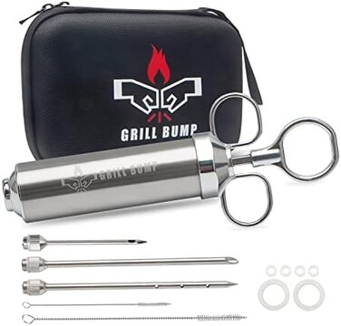 مجموعة حقن اللحوم GRILL BUMP مع 3 إبر للتتبيل للديك الرومي، بالإضافة إلى دليل المستخدم الورقي.
