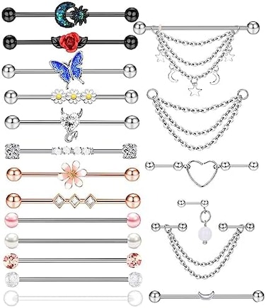 Fanpei 17pcs 14G Stainless Steel Long Industrial Barbell Earrings Cartilage Helix Conch Body Piercing Jewelry, Metal, agate,.