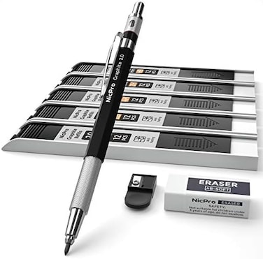 Nicpro 2. 0 mm Mechanical Pencil Set, Artist Metal Lead Holder Metal Marker Carpenter pencils with 60 Graphite Lead Refill HB, 2H, 4H, 2B, 4B, Eraser, Sharpener for Draft Drawing, Writing Art Sketchin