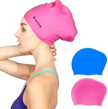 Keary 2 Pack Updated Silicone Swim Cap for Long Hair Women Girl Waterproof Bathing Pool Swimming Cap Cover Ears to Keep Your Hair Dry, 3D Soft Stretchable Durable and Anti-Slip, Easy to Put On and Off