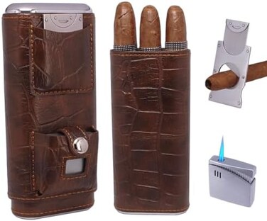 AMANCY Luxury 3 Holder Classy Black Brown Crocodile Pattern Leather Cigar Humidor Case Set with Lighter and Cutter - Great Cigar Gift Kit for men.