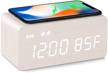 MOSITO Digital Wooden Alarm Clock with Wireless Charging, 0-100% Dimmer, Dual Alarm, Weekday/Weekend Mode, Snooze, Wood LED Clocks for Bedroom, Bedside, Desk, Kids (White.