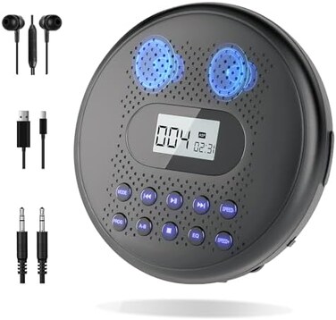 Arafuna CD Player Portable, Portable CD Player with Dual Stereo Speakers, Rechargeable CD Player for Car with Anti-Skip Protection, Walkman CD Player with Headphones and AUX Cable (Black1.