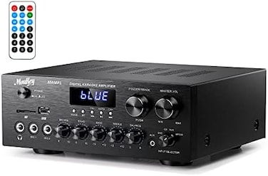 Moukey Home Audio Amplifier Stereo Receivers with Bluetooth 5. 0, 220W 2. 0 Channel Power Amplifier Stereo System w/USB, SD, AUX, RCA, MIC in w/Echo, LED for Karaoke, Home Theater Speakers - MAMP1.