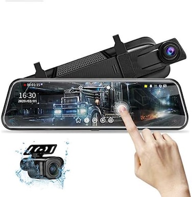 Jansite 10'' Mirror Dash Cam Night Vision 1080P FHD Full Touch Screen Front and Rear View Backup Camera for Cars Loop Recording Streaming Media 170Wide Angle Parking Assistance with 10 Meters Cable.