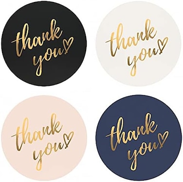 BPA Mobiusea Party Thank You Stickers RollSimple and Sincere1. 5 inchWaterproof500 Labels for Small Business, Packaging, Mailer Seal Stickers4 Classic Colors with Gold Foil Design.