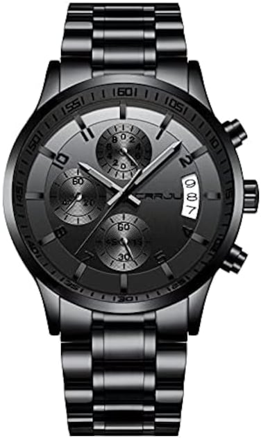 CRRJU Brand Men's Business Casual Chronograph Quartz Waterproof Wristwatch Black Stainless Steel Strap.