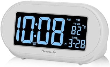 DreamSky Alarm Clocks for Bedrooms, Auto Set Digital Desk Clock for Bedside Nightstand, Electric Clock with Dimmable Brightness Dimmer, Auto DST, USB Port, Date, Temperature, Snooze.