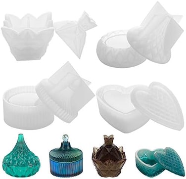 Gartful 4PCS Box Resin Molds, Silicone Jewelry Box Molds with Pyramid Trinket Epoxy Mold, Heart Organizer Mold, Round Jewelry Storage Holder and Drop Container Mold for DIY Art Casting, Candy Jar.