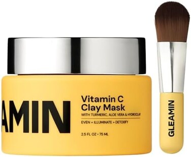 Gleamin Vitamin C Clay Mask - 10-Minutes for Dark Spots, Turmeric Face Mask Skin Care, Deep Cleansing Pores - Facial Improves Uneven Tone, Post-Blemish, Visibly Brighten, Scarring and Texture - 2. 5 O